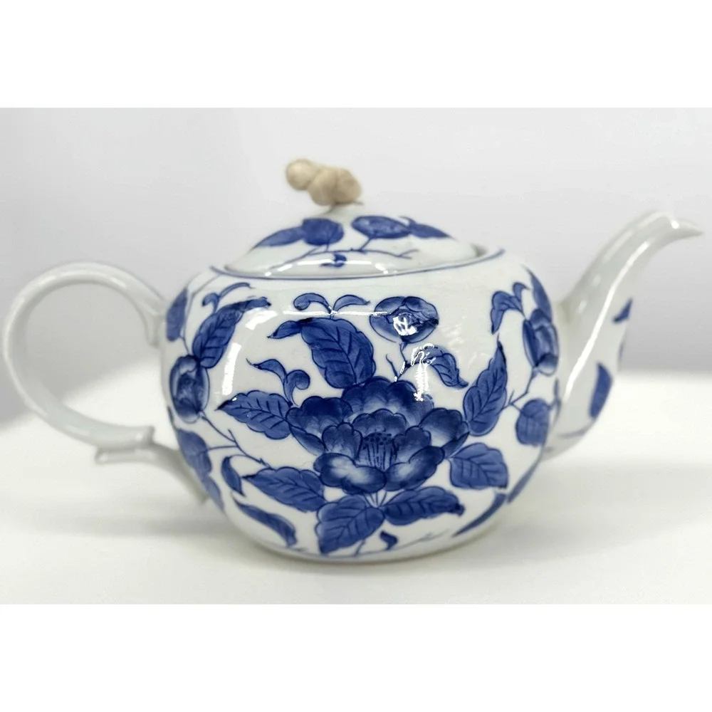 Blue & White‎ Floral Ceramic Teapot Andrea by Sadek Rope Lid Finial Thailand
